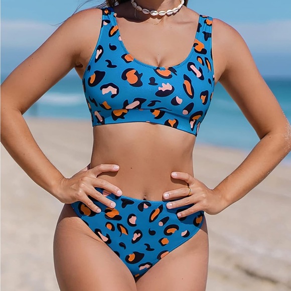 Women's Leopard Print Swimsuits High Waisted Bikini Set 2 Piece Bathing Suits - Picture 3 of 6